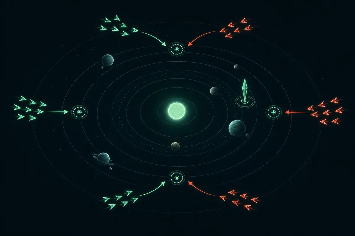 Diagram of six command nodes across a claimed system and two neighbours