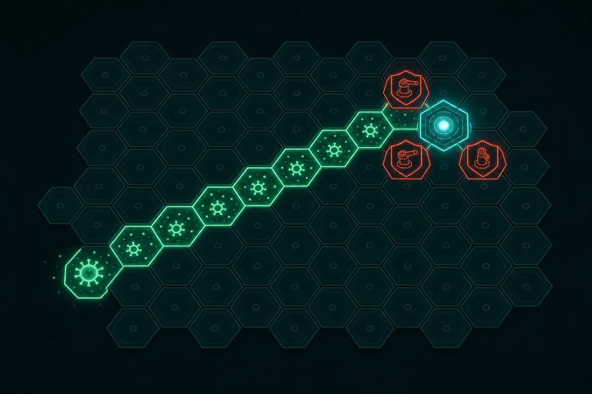 Diagram of a hex node grid with numbered clear nodes leading to the System Core