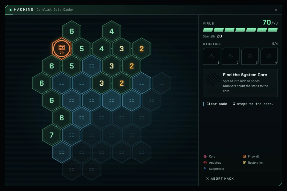 The hacking window with the hex grid, the virus coherence bar and the utility tray
