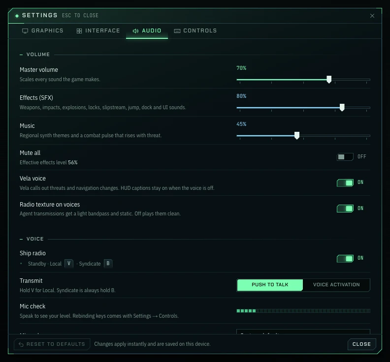 Settings, Audio tab, with the Voice section, transmit mode and the mic check