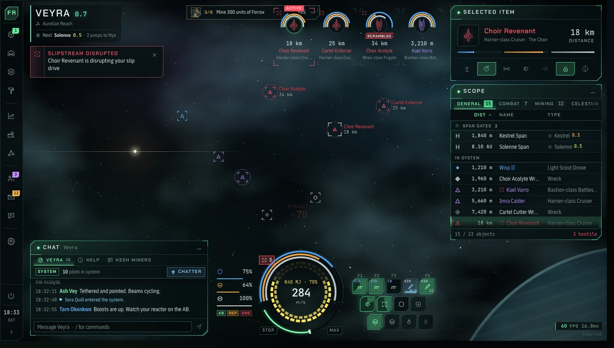 The in-space HUD with the status dial, module rack, Scope and Commbar