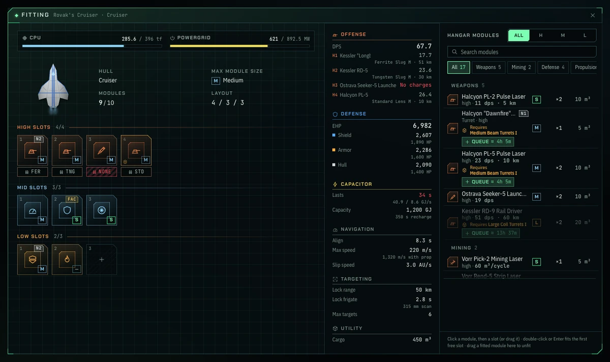 The fitting window with the slot rows, the CPU and PG bars and the stats panel
