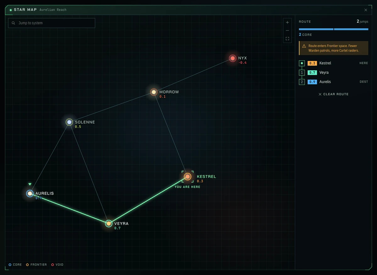 The Star Map with a route plotted across several systems
